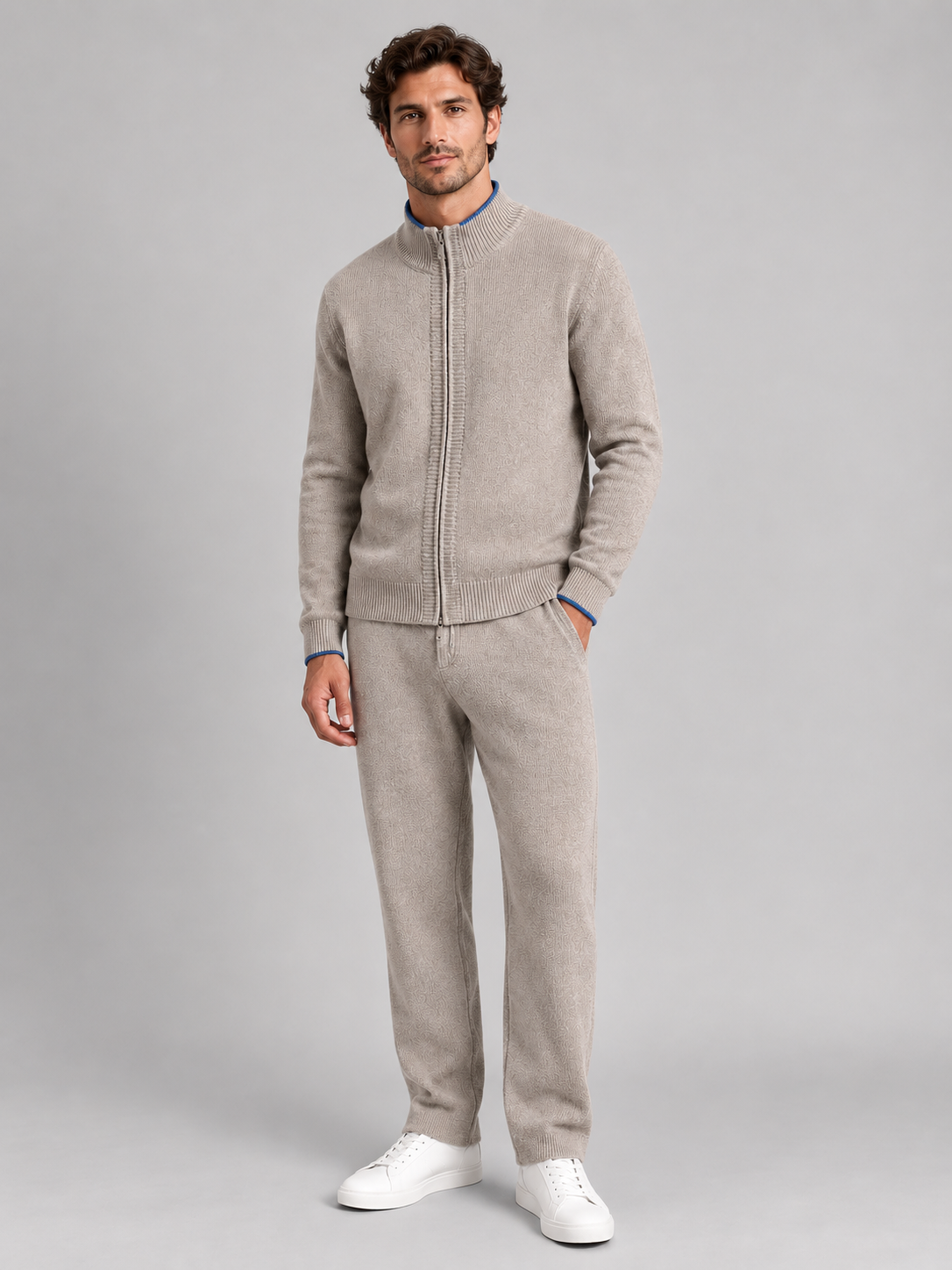 Men's grey marl merino knit lounge set, front studio view