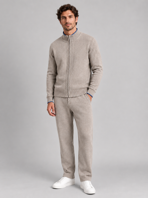 Men's grey marl merino knit lounge set, front studio view
