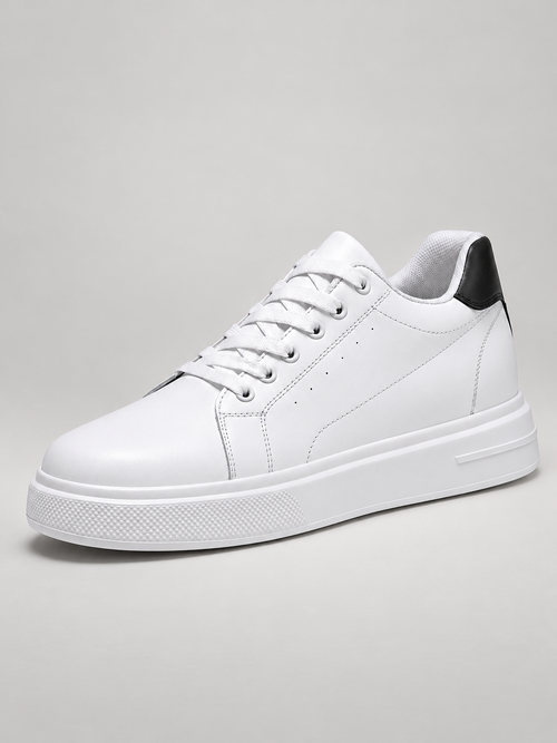 Men's white and black leather trainers, studio view