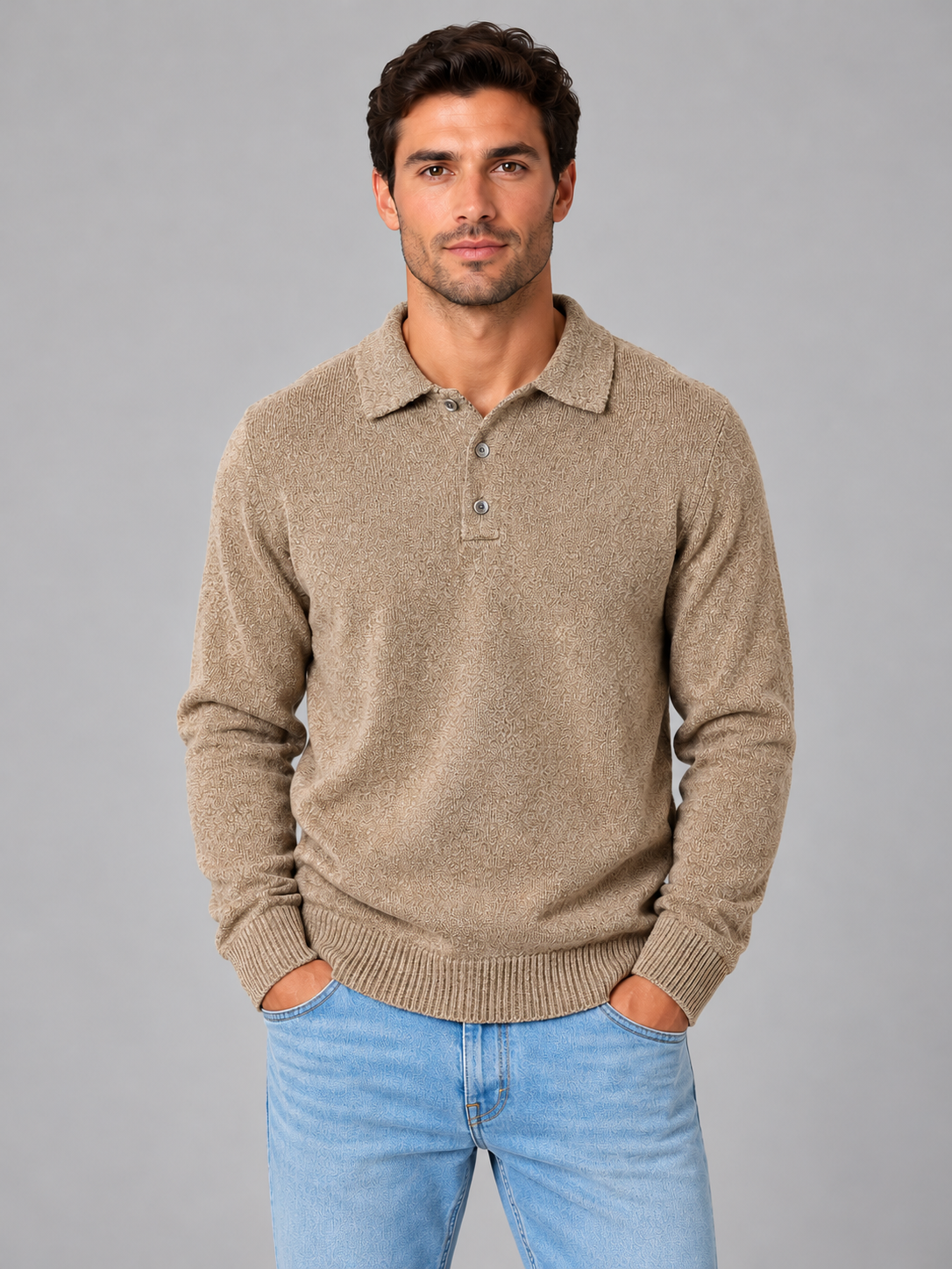 Men's polo knit jumper in beige
