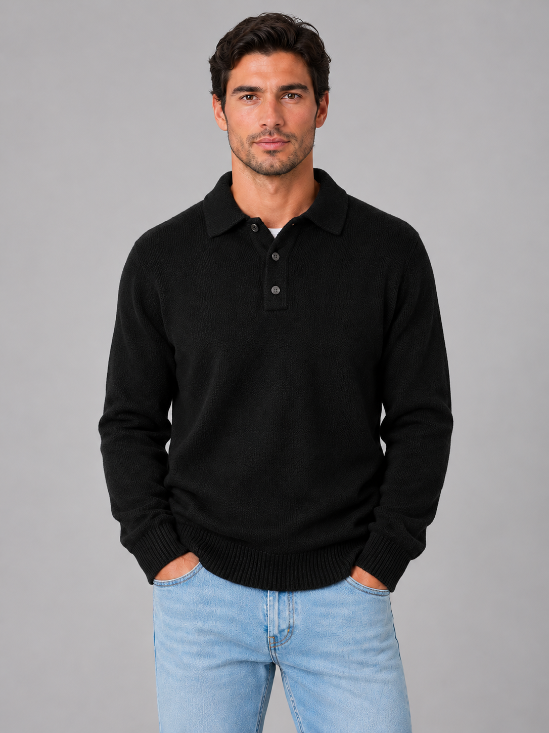 Men's polo knit jumper in black
