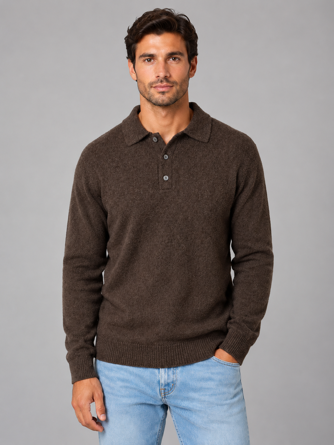 Men's polo knit jumper in brown