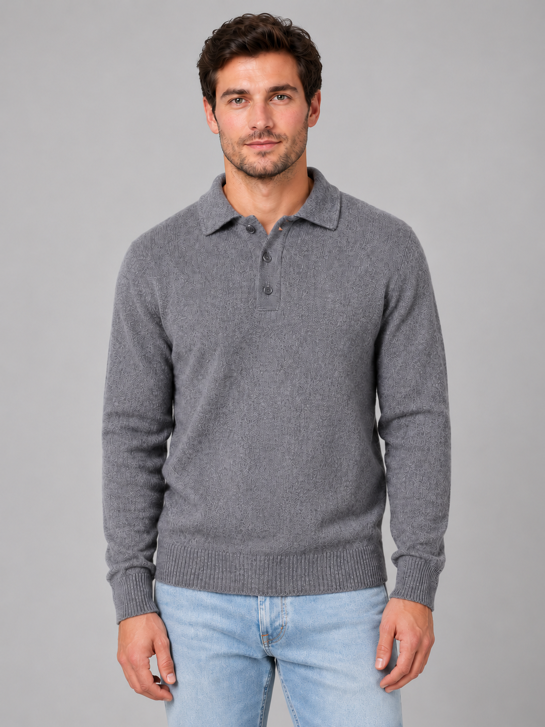 Men's polo knit jumper in light grey