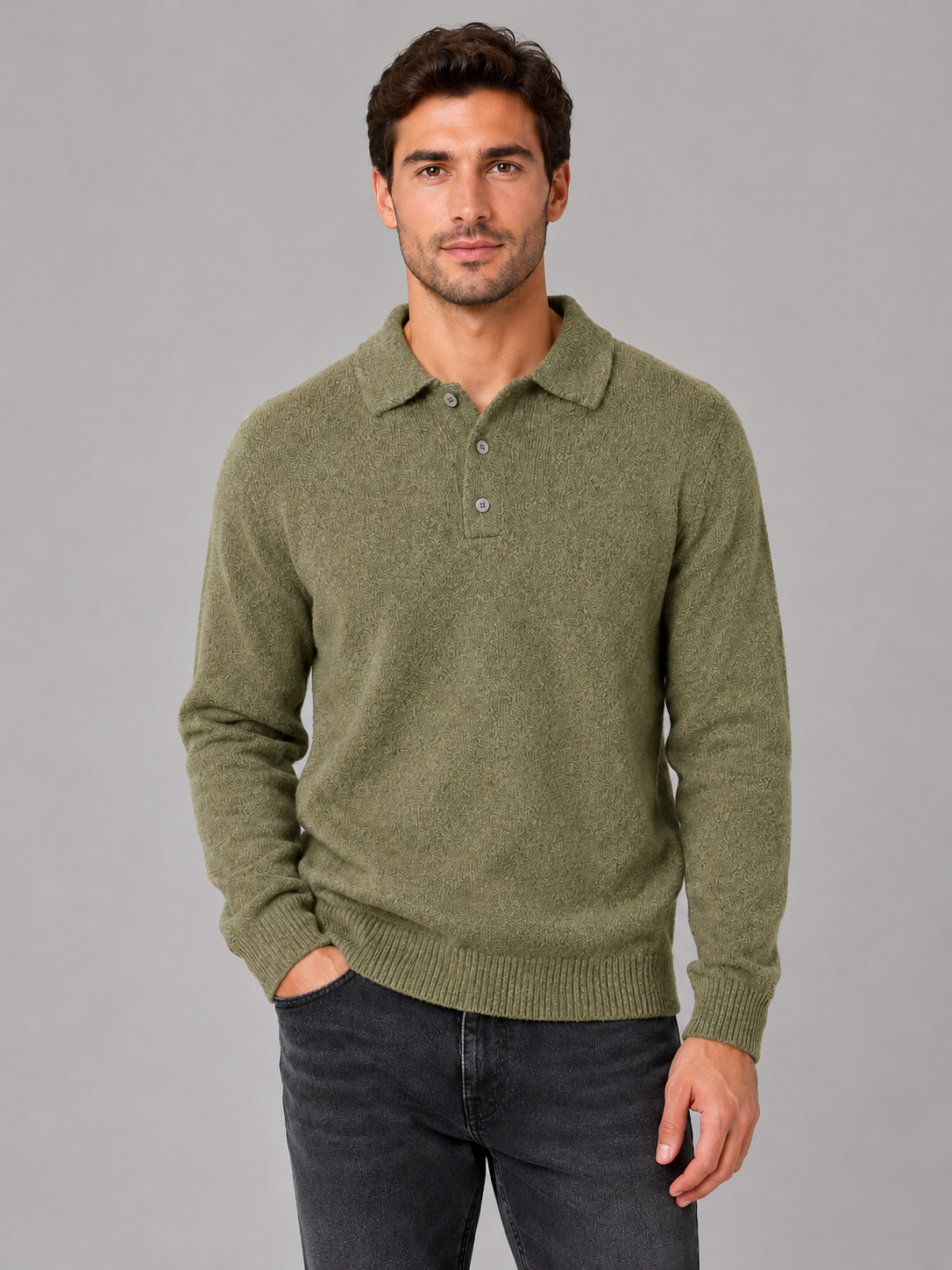 Men's polo knit jumper in olive green