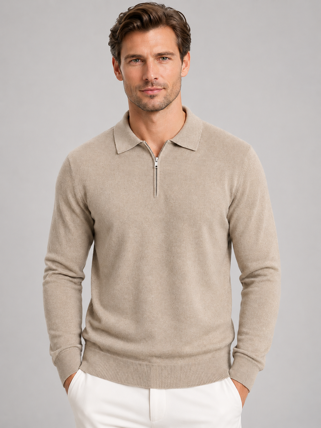 Men's quarter zip polo jumper in beige
