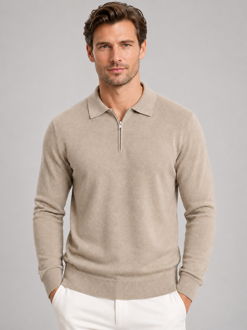 Men's quarter zip polo jumper in beige