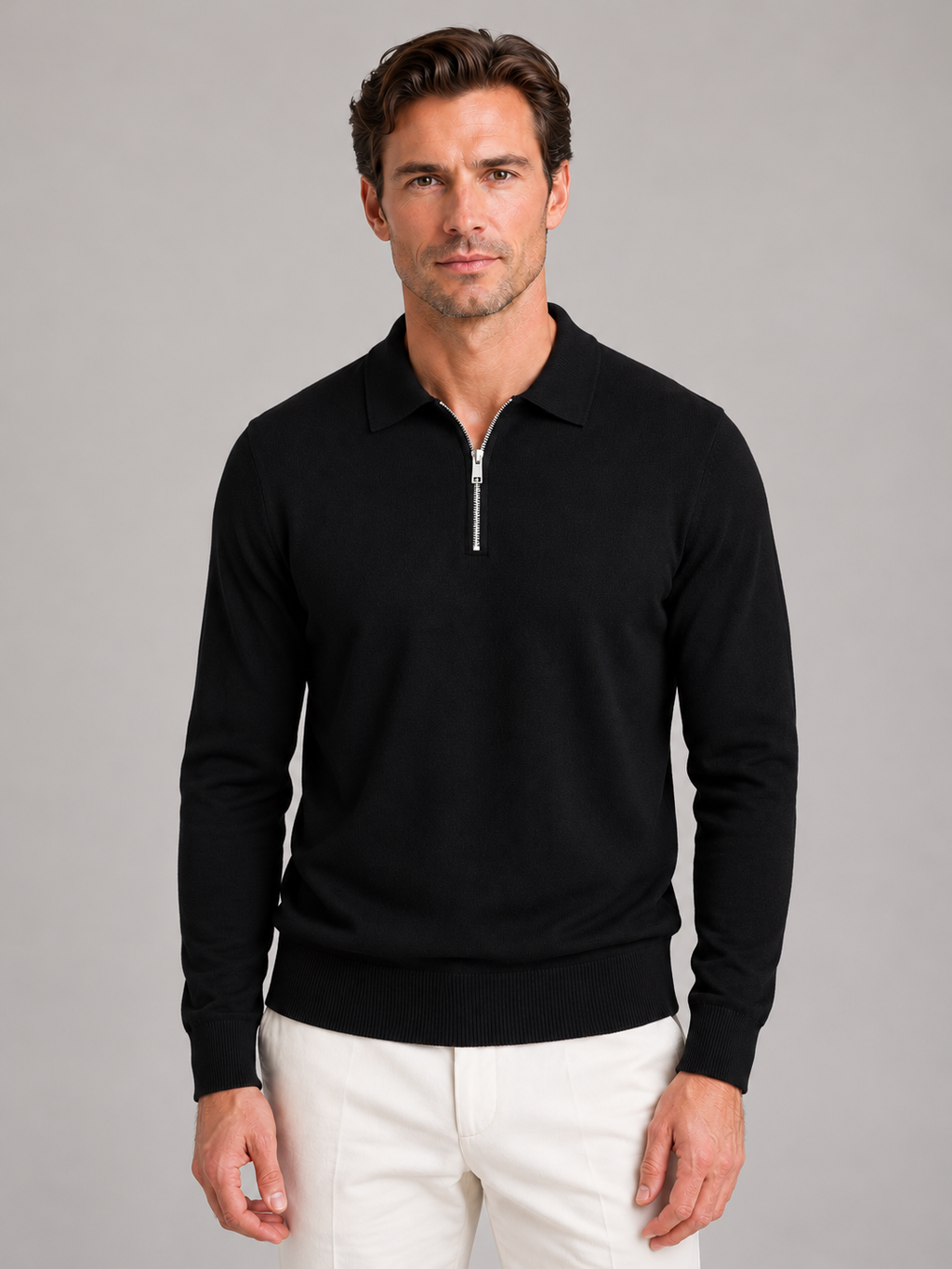 Men's quarter zip polo jumper in black