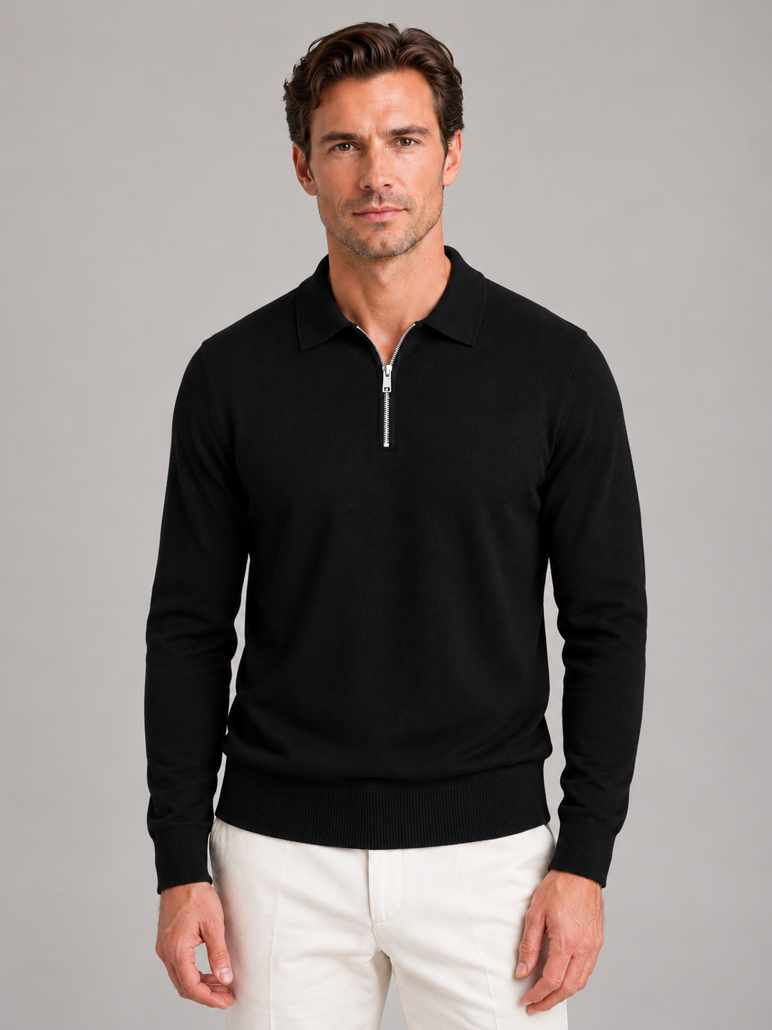 Men's quarter zip polo jumper in black