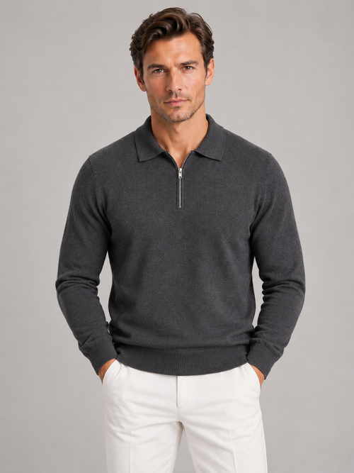 Men's quarter zip polo jumper in dark grey