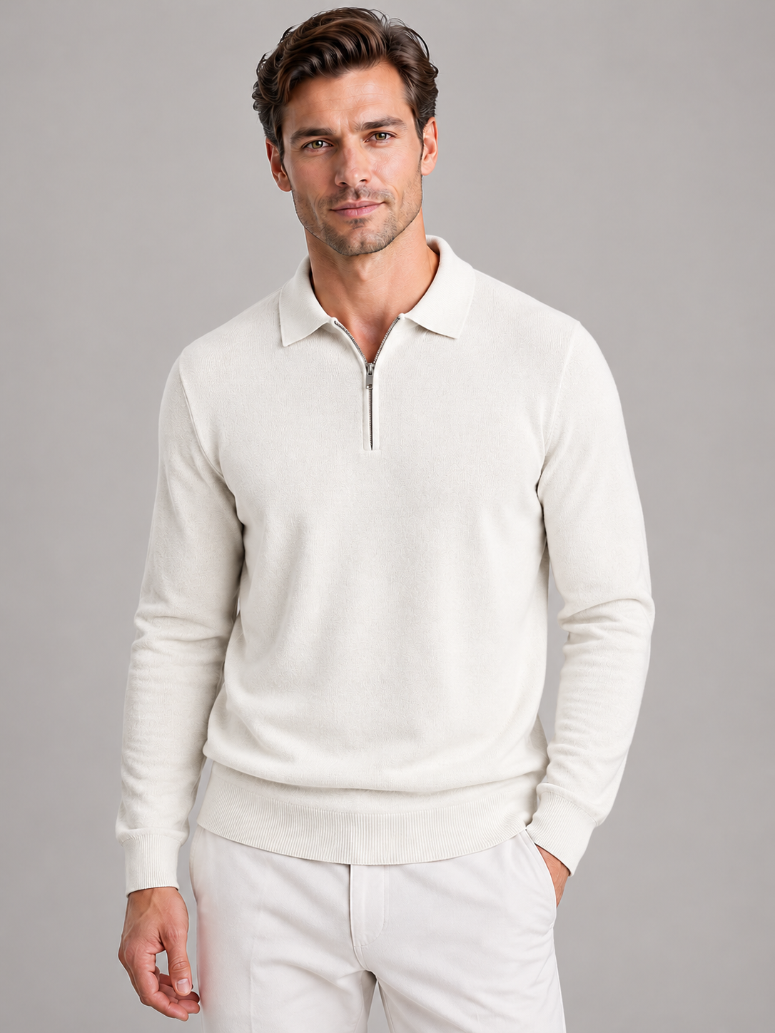 Men's quarter zip polo jumper in white