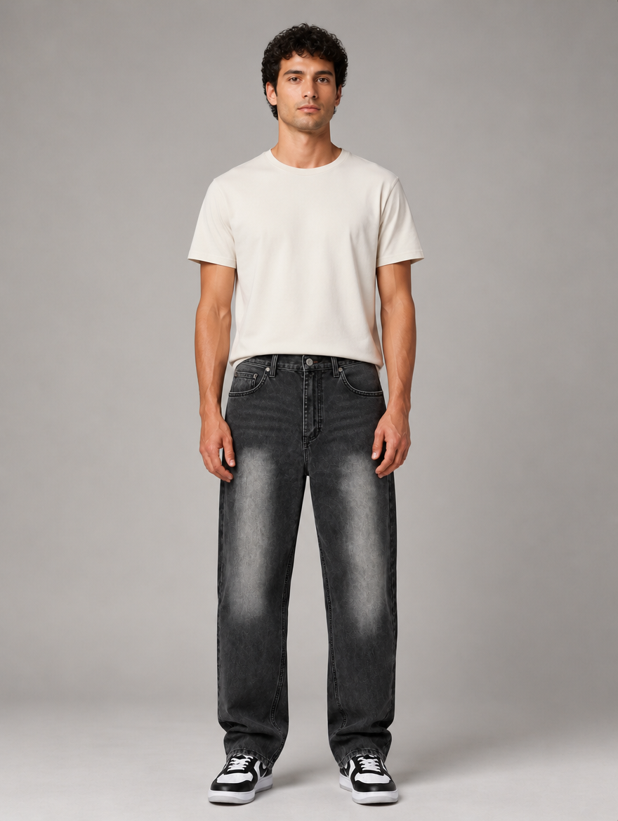 Men's relaxed straight leg jeans in washed black