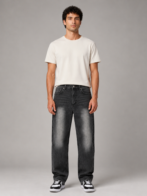 Men's relaxed straight leg jeans in washed black