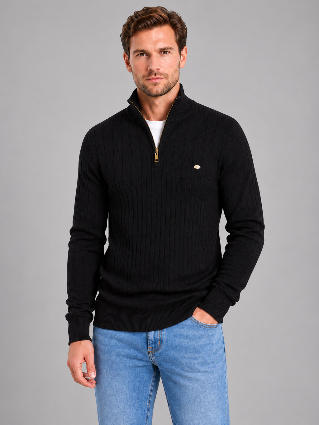 Men's ribbed quarter zip jumper in black