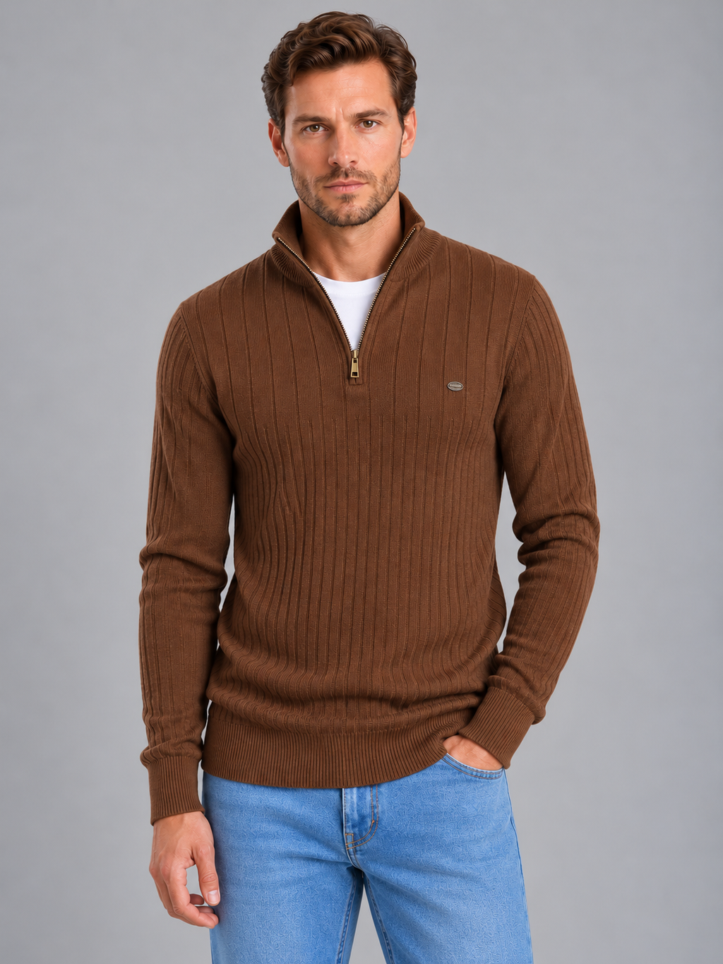 Men's ribbed quarter zip jumper in brown