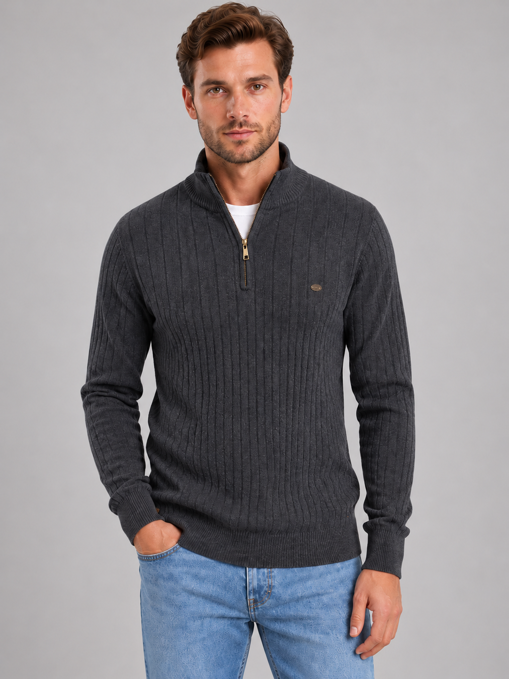 Men's ribbed quarter zip jumper in dark grey