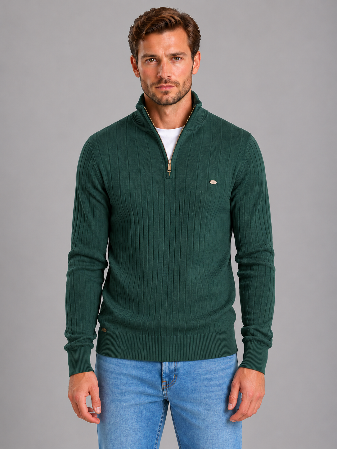 Men's ribbed quarter zip jumper in forest green