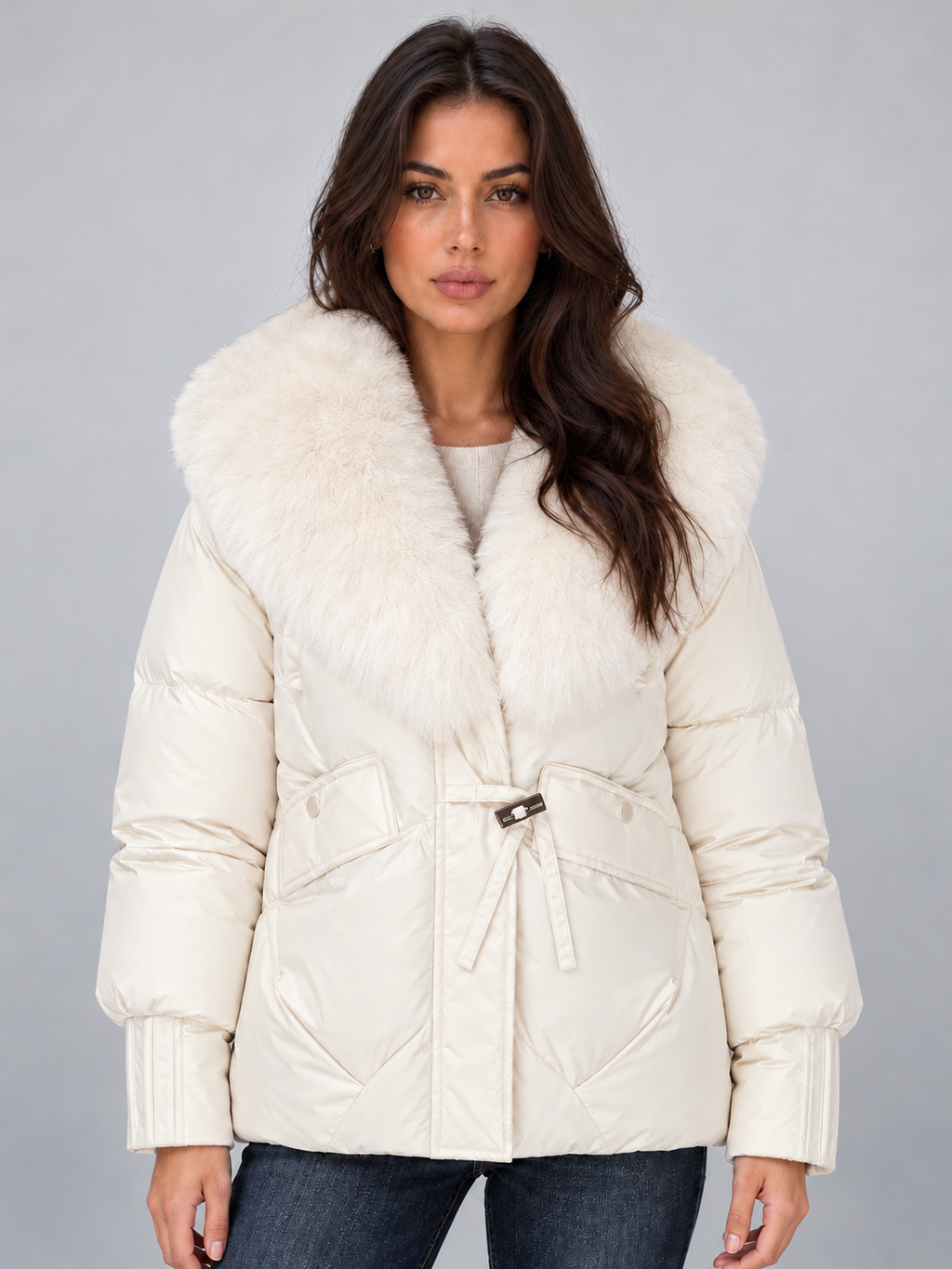 Women’s Faux Fur Collar Puffer Jacket — White