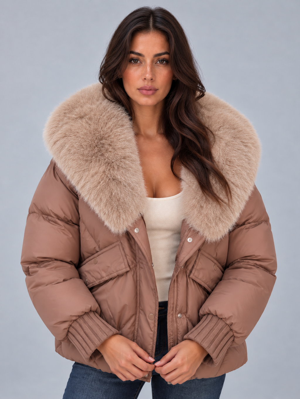 Women’s Faux Fur Collar Puffer Jacket — Khaki