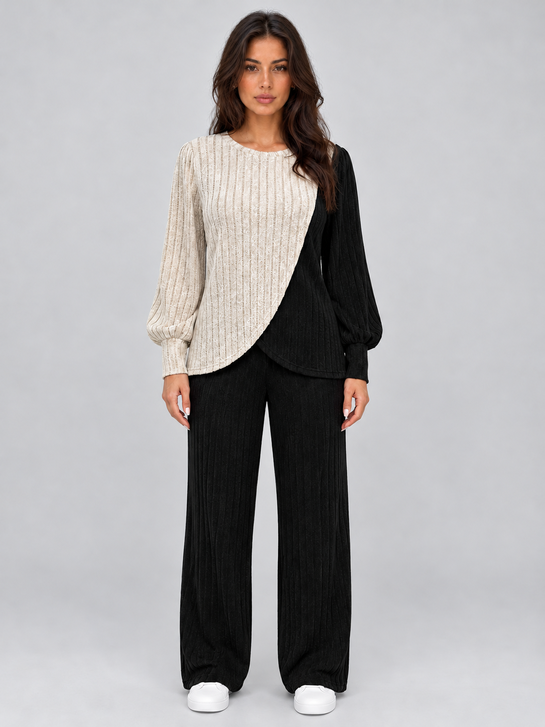 Women’s Two-Piece Ribbed Lounge Set — Black & Cream