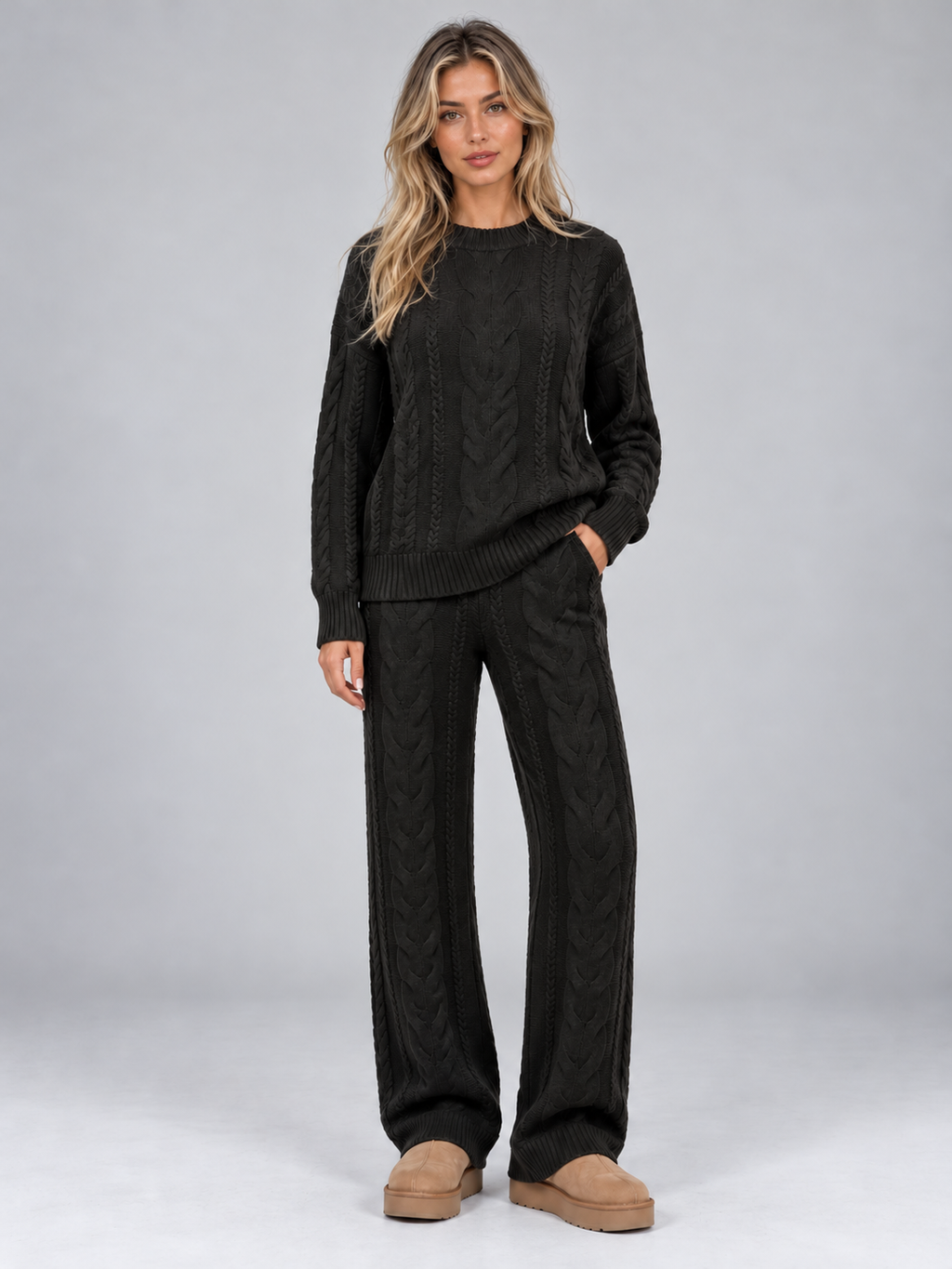 Women’s Cable Knit Two-Piece Set — Black