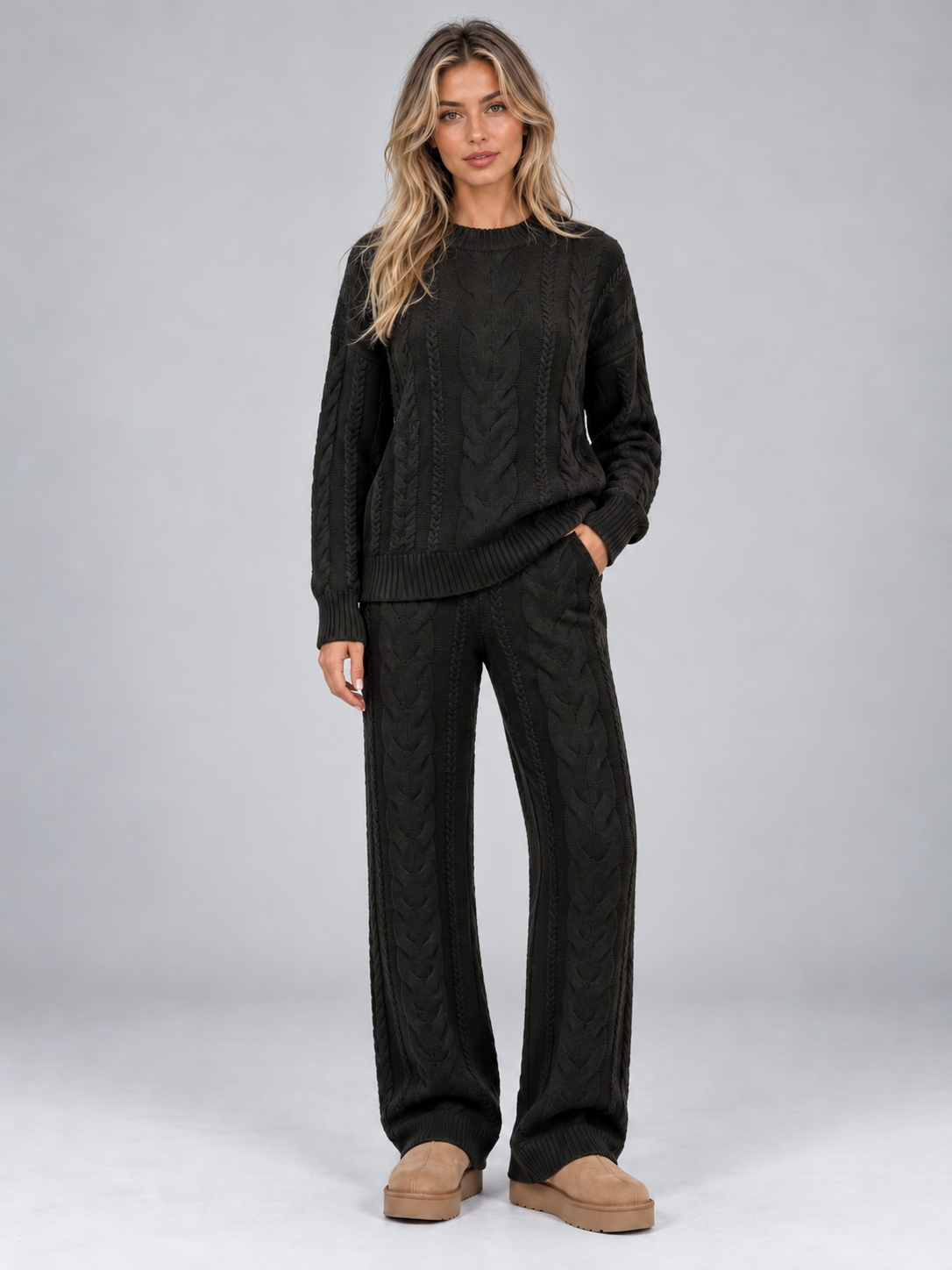 Women’s Cable Knit Two-Piece Set — Black