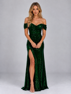 Women’s Off Shoulder Sequin Maxi Dress — Green