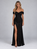 Women’s Off Shoulder Sequin Maxi Dress — Black