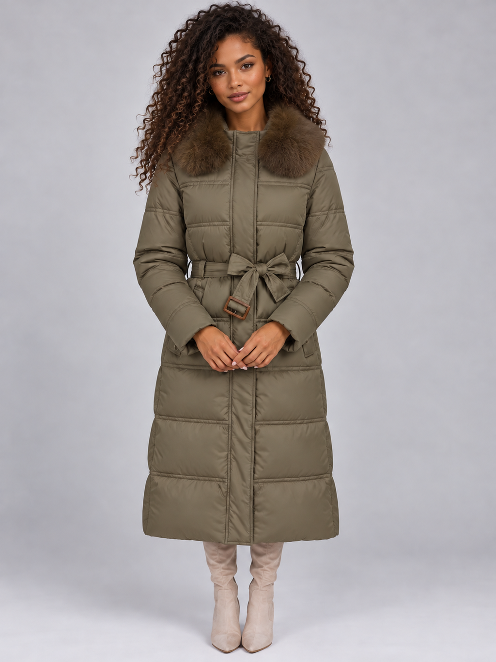 Women’s Long Hooded Puffer Coat – Faux Fur Collar — Brown