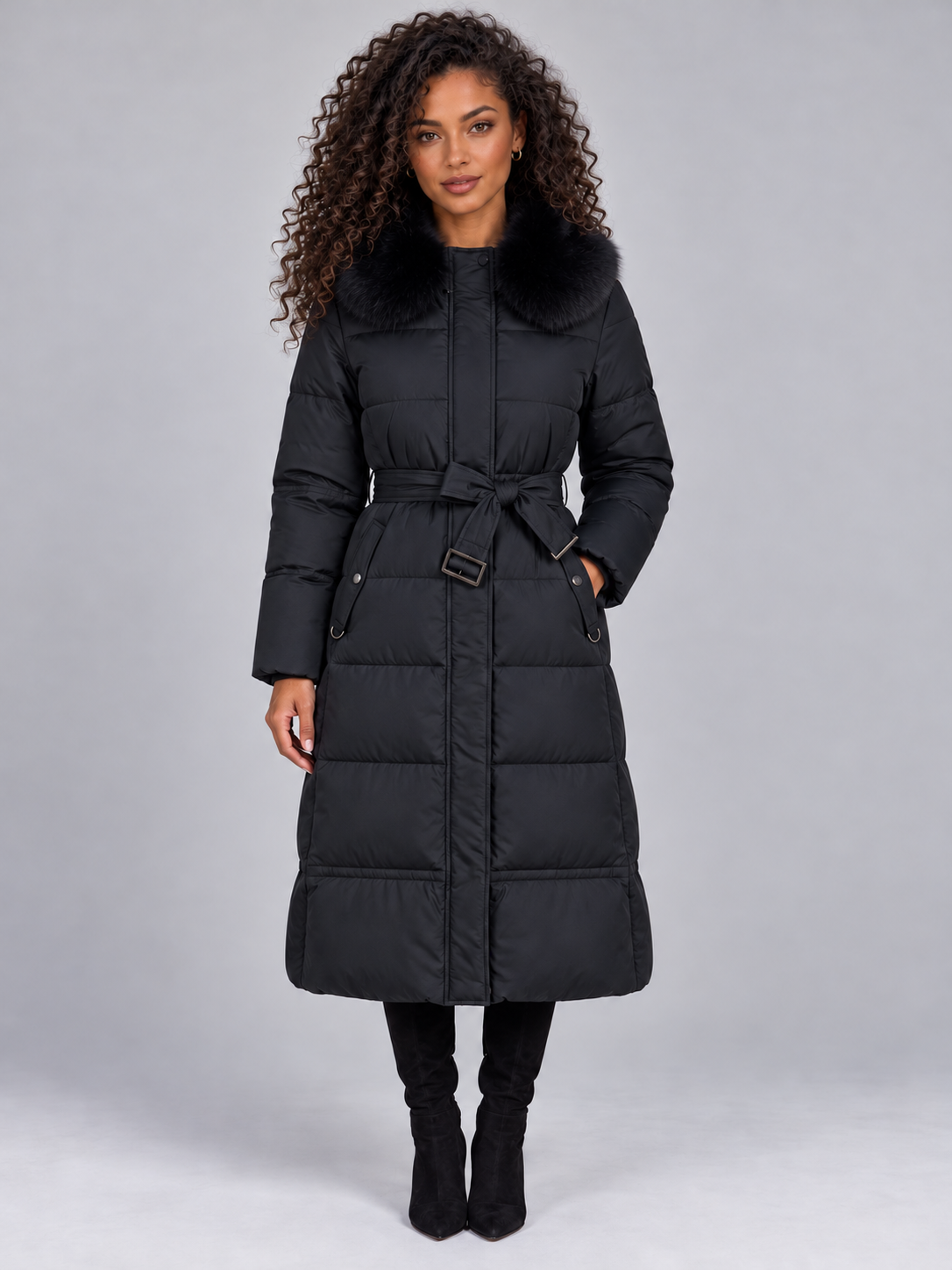 Women’s Long Hooded Puffer Coat – Faux Fur Collar — Black
