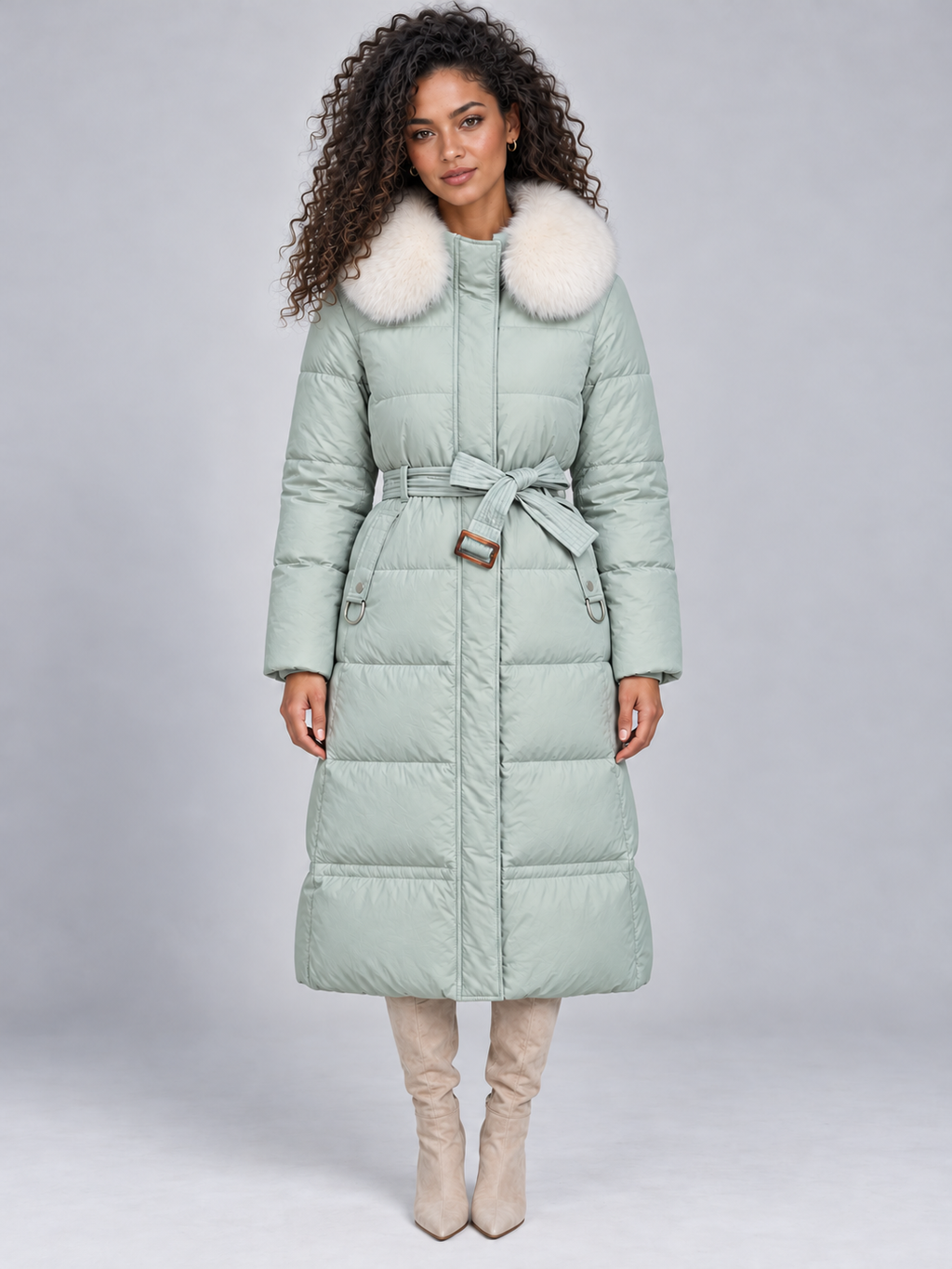 Women’s Long Hooded Puffer Coat – Faux Fur Collar — Sage Green