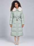 Women’s Long Hooded Puffer Coat – Faux Fur Collar — Sage Green