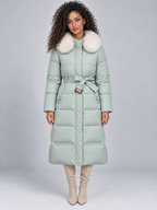 Women’s Long Hooded Puffer Coat – Faux Fur Collar — Sage Green