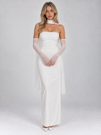 Women’s Strapless Maxi Dress – Sheer Gloves & Chiffon Scarf — White