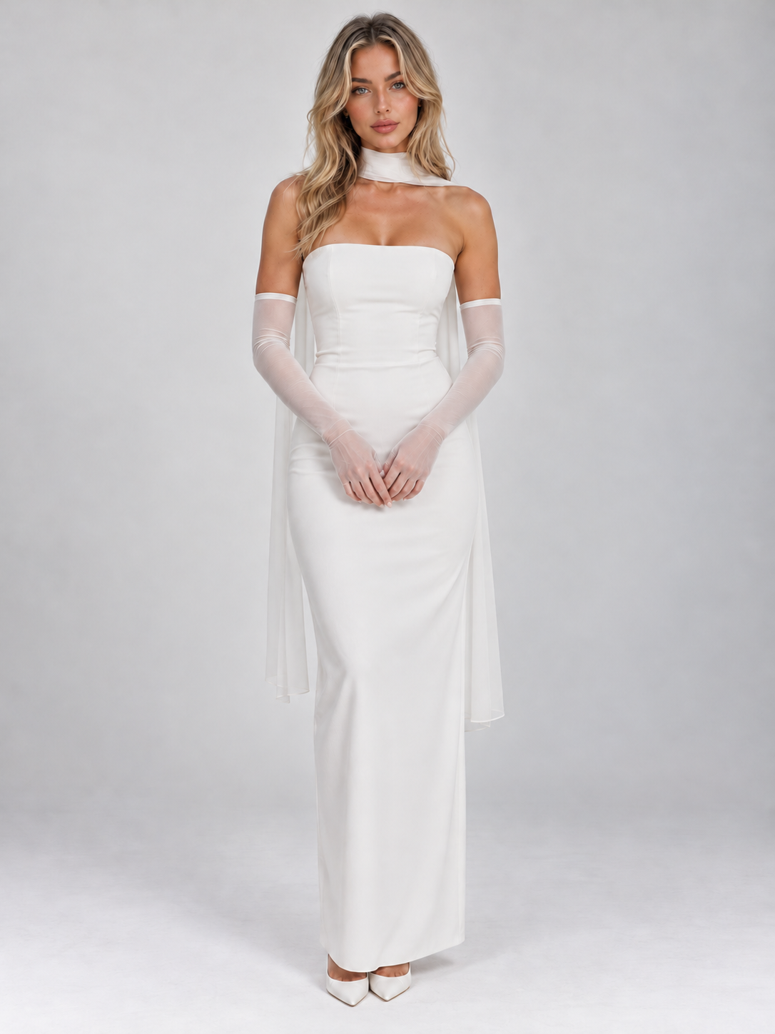 Women’s Strapless Maxi Dress – Sheer Gloves & Chiffon Scarf — White