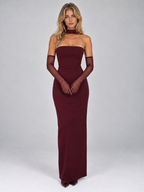 Women’s Strapless Maxi Dress – Sheer Gloves & Chiffon Scarf — Burgundy