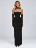 Women’s Strapless Maxi Dress – Sheer Gloves & Chiffon Scarf — Black