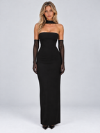 Women’s Strapless Maxi Dress – Sheer Gloves & Chiffon Scarf — Black