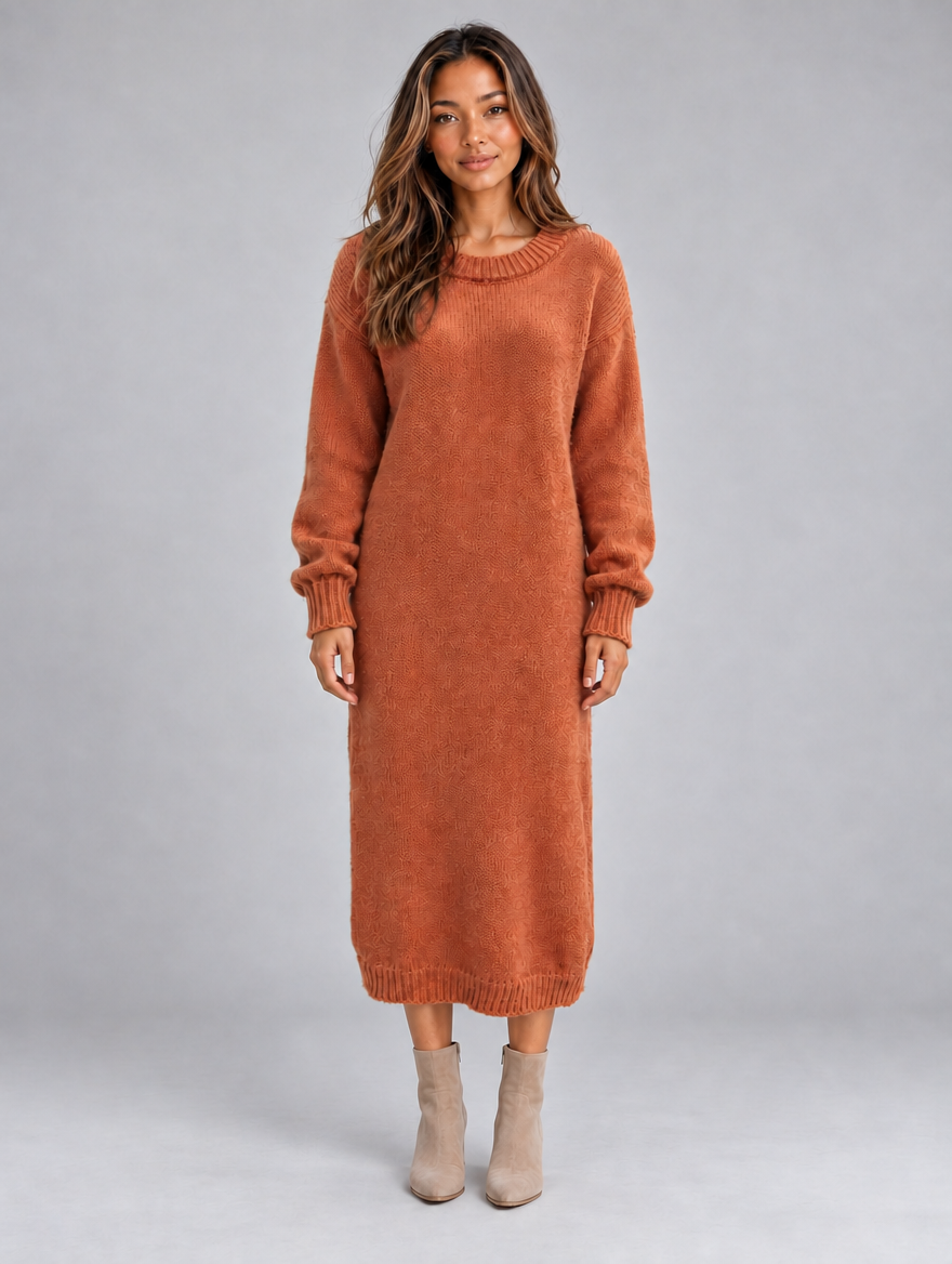 Women’s Knitted Jumper Midi Dress — Orange
