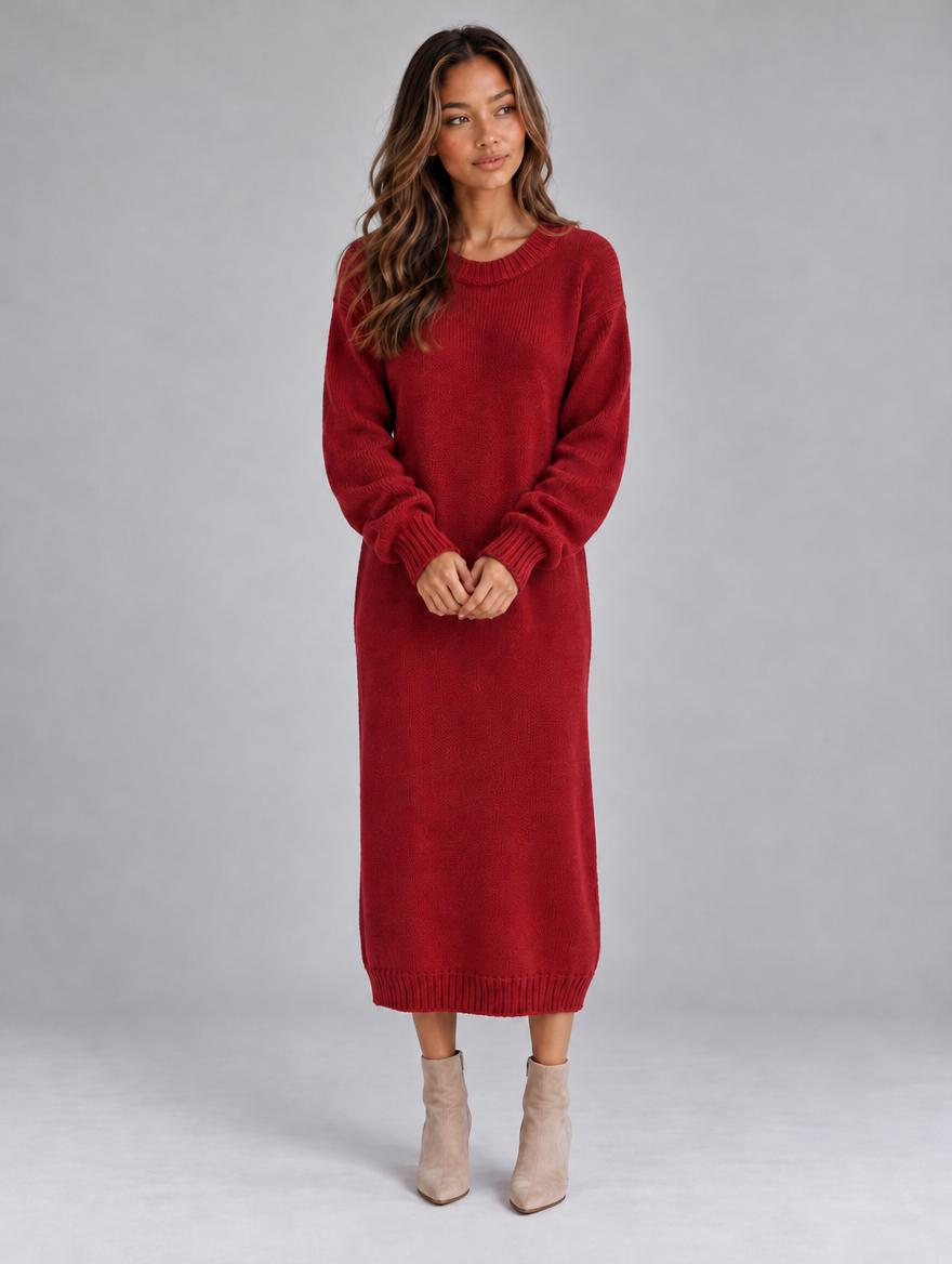 Women’s Knitted Jumper Midi Dress — Red