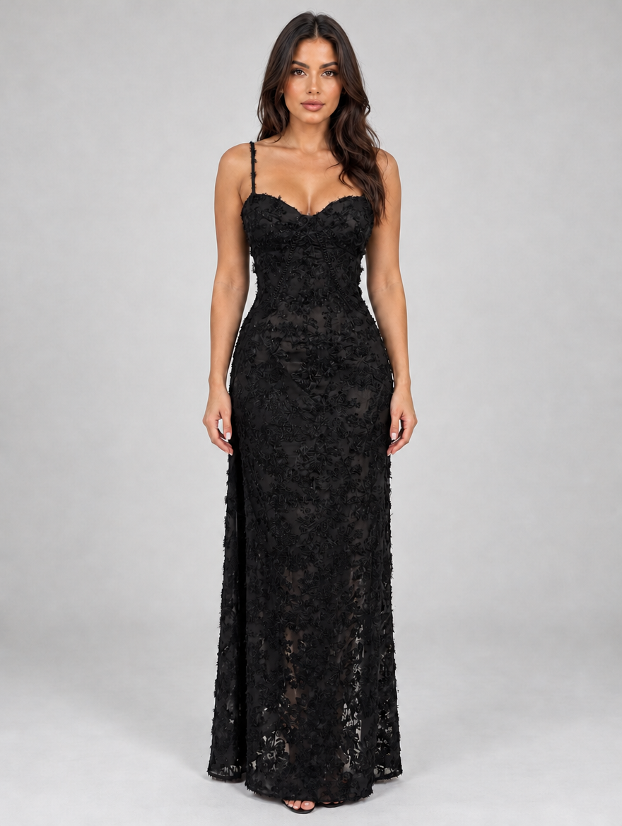 Women’s Floral Lace Corset Maxi Dress — Black