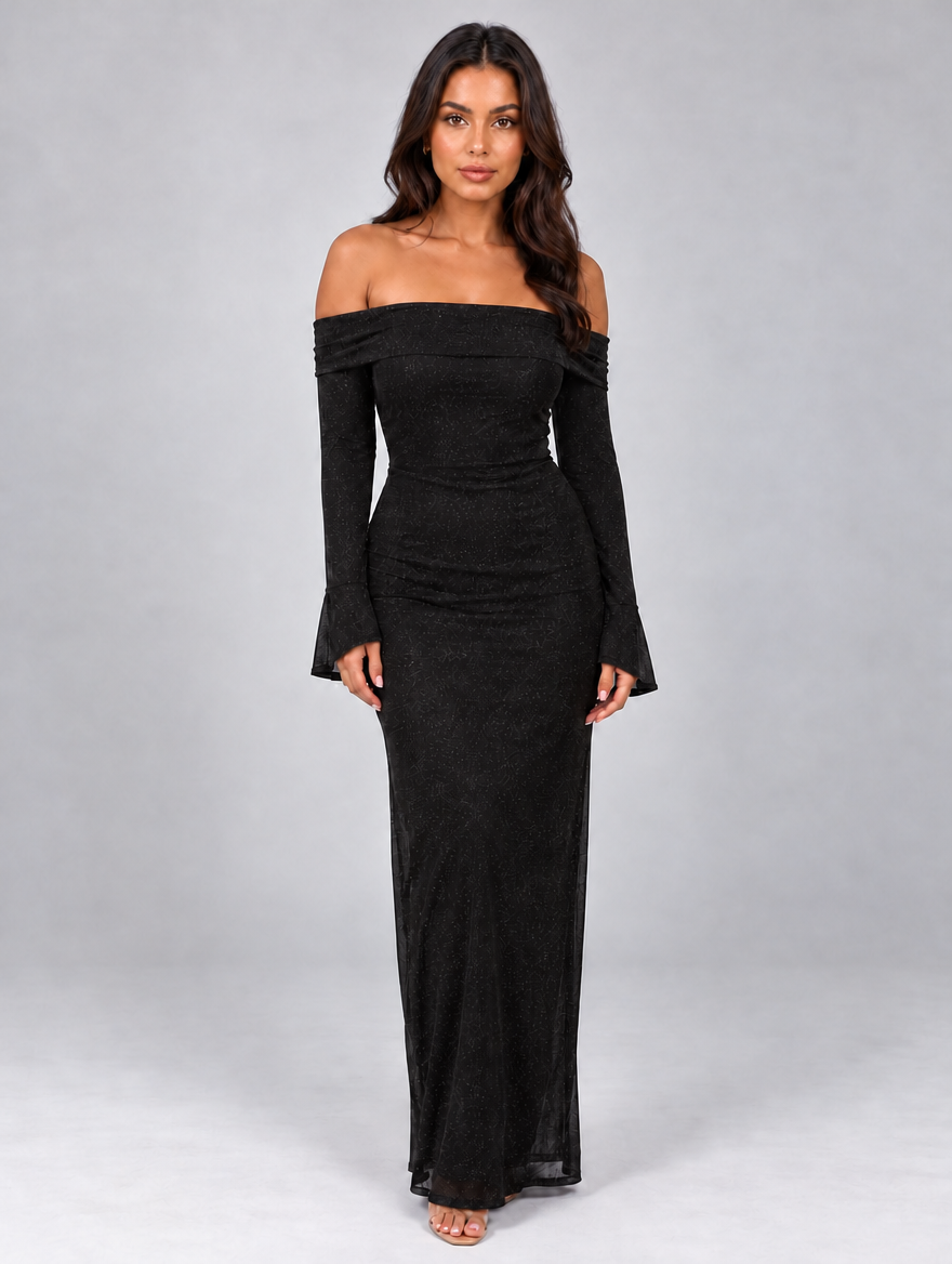 Women’s Glitter Off Shoulder Maxi Dress — Black