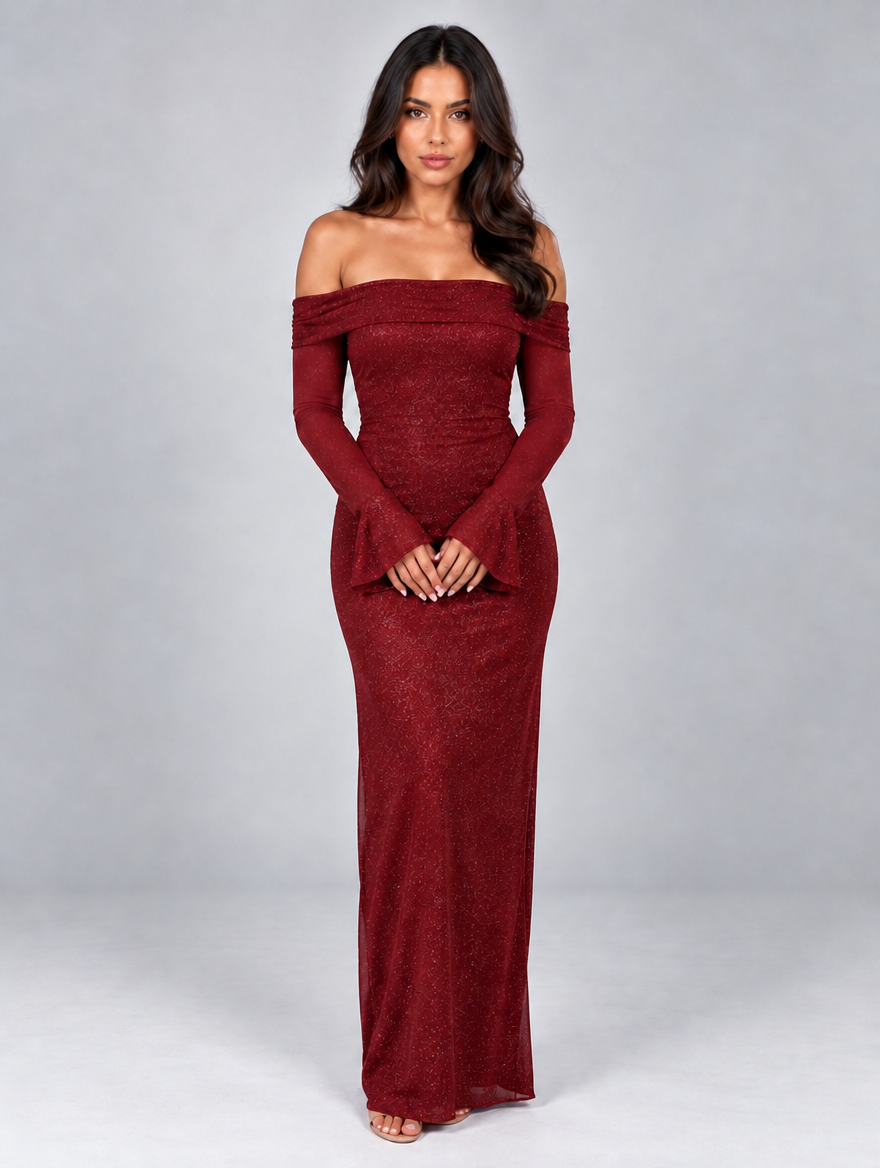 Women’s Glitter Off Shoulder Maxi Dress — Red