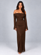 Women’s Glitter Off Shoulder Maxi Dress — Brown