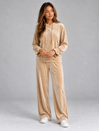 Women’s Velvet Hooded Co-Ord Set — Beige