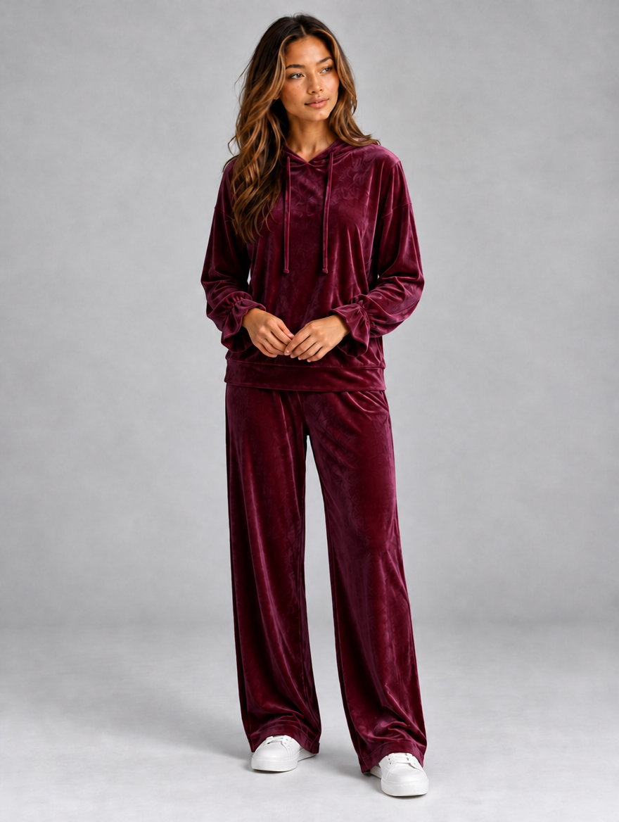 Women’s Velvet Hooded Co-Ord Set — Burgundy