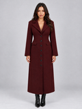 Women’s Belted Long Tailored Coat — Burgundy