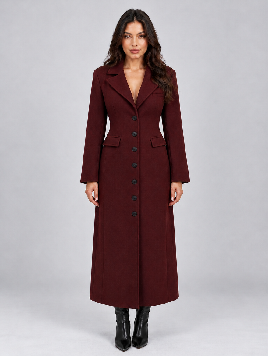 Women’s Belted Long Tailored Coat — Burgundy