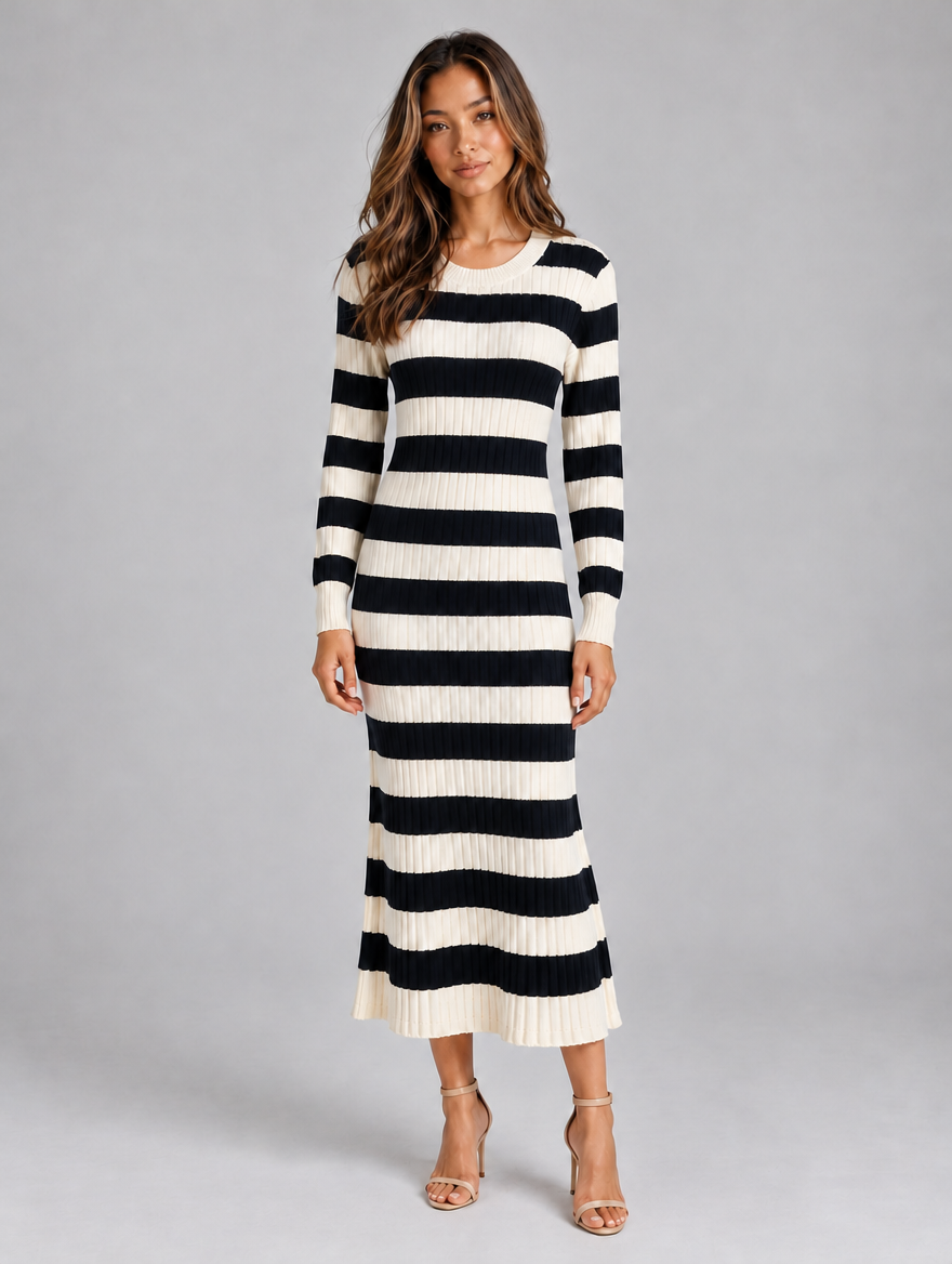 Women’s Striped Ribbed Knit Maxi Dress — Cream