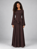 Women’s Long Sleeve Ruffle Maxi Dress — Dark Brown
