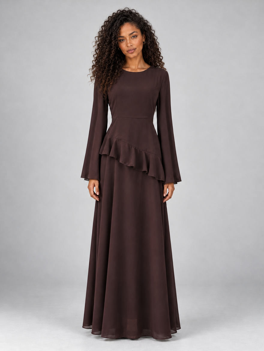 Women’s Long Sleeve Ruffle Maxi Dress — Dark Brown